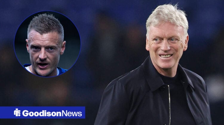 Jamie Vardy in a circular inset next to Everton manager David Moyes smiling