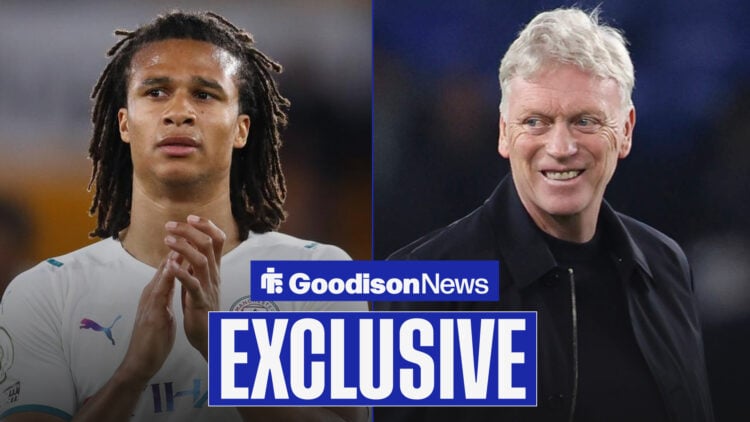 Everton manager David Moyes grins across at Manchester City defender Nathan Ake, who stands and applauds.