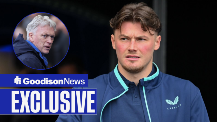 Goodison News exclusive as Everton defender Nathan Patterson glances anxiously at David Moyes, who stares across from a circular inset.