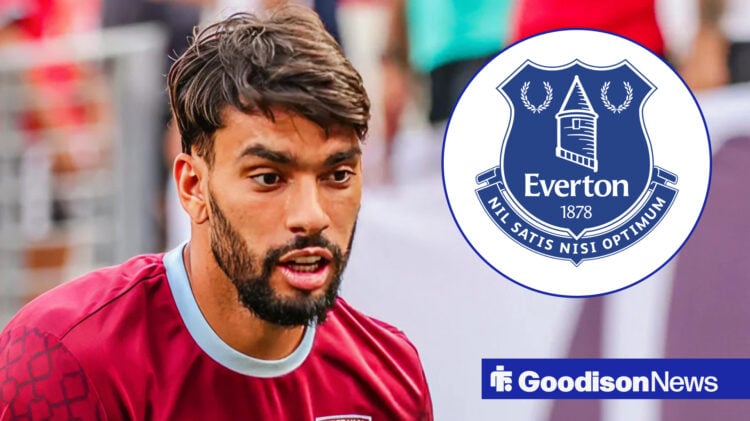 Lucas Paqueta playing for West Ham with Everton badge in circular frame