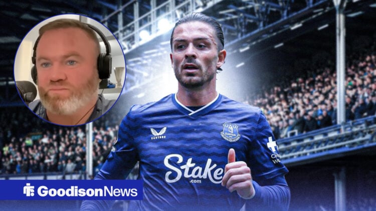 Wayne Rooney wearing headphones in a circular inset, Jack Grealish in the Everton home kit.