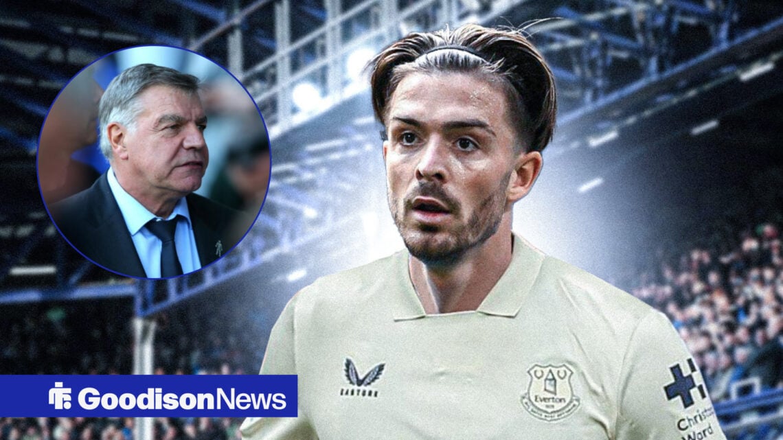 Sam Allardyce in a circular inset, Jack Grealish in the Everton away kit.