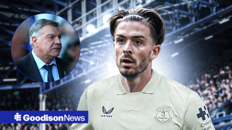 Sam Allardyce in a circular inset, Jack Grealish in the Everton away kit.