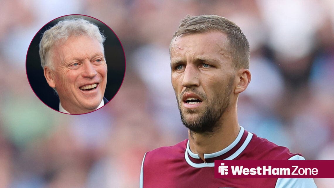 Everton target Tomas Soucek looking confused and manager David Moyes in circular inset