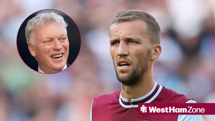 Everton target Tomas Soucek looking confused and manager David Moyes in circular inset