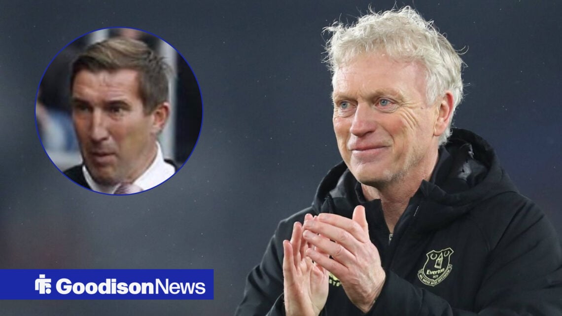 Everton manager David Moyes applauding next to former player Alan Stubbs in a circular inset.
