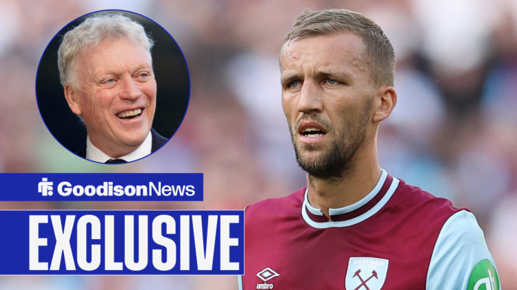 Goodison News exclusive as Everton manager David Moyes grins at West Ham midfielder Tomas Soucek.