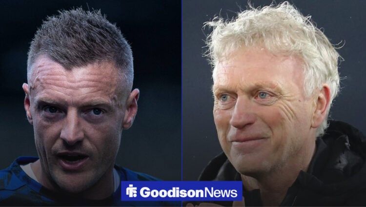Former Leicester City striker Jamie Vardy in training gear next to a smiling David Moyes