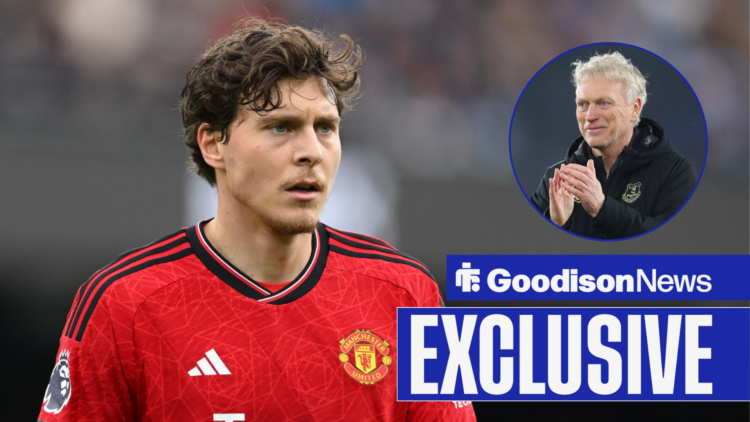 Goodison News exclusive as former Manchester United defender Victor Lindelof is in action while Everton manager David Moyes applauds.