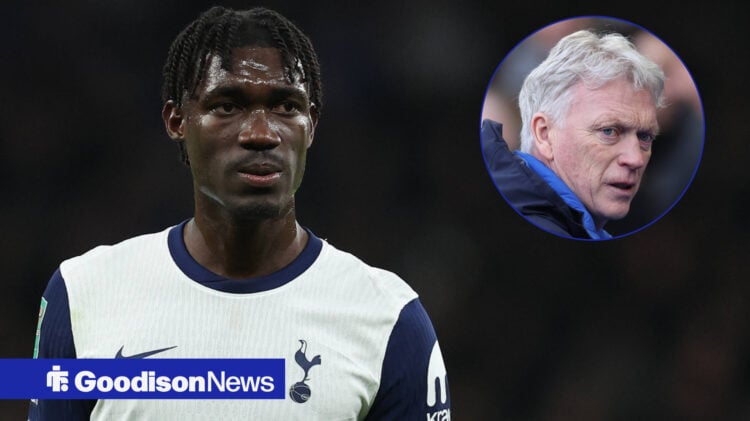 Everton manager David Moyes stares at Tottenham midfielder Yves Bissouma from a circular inset.