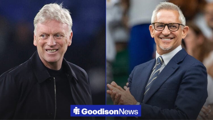 Everton manager David Moyes smiles on the left, as Gary Lineker smiles and claps on the right.