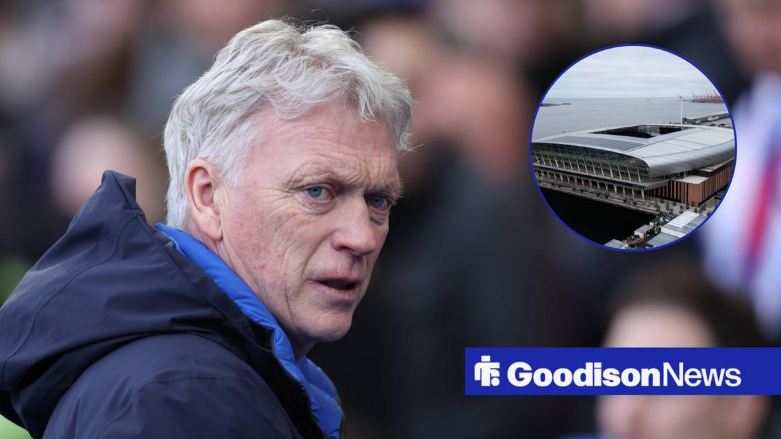 David Moyes facing a circle inset of the Hill Dickinson Stadium.