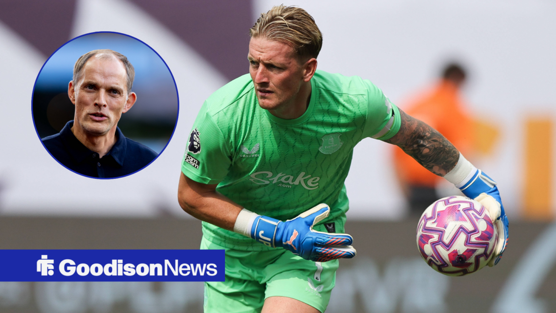 Jordan Pickford rolling the ball out with Thomas Tuchel in circle