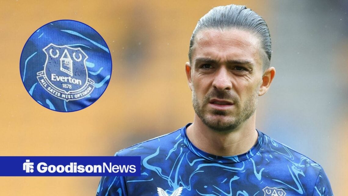 Jack Grealish with an inset of the Everton logo to the left