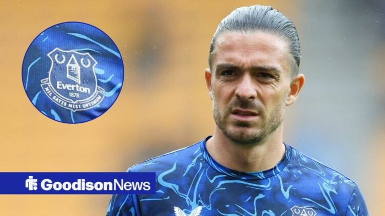 Jack Grealish with an inset of the Everton logo to the left