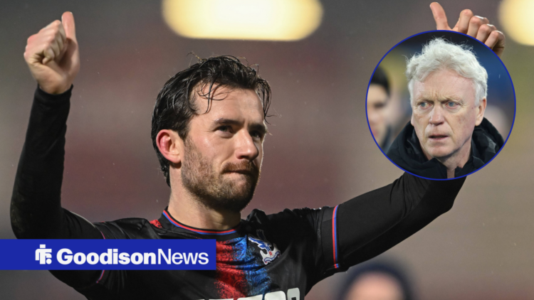 Strasbourg defender Ben Chilwell celebrates for Crystal Palace, with Everton manager David Moyes insert