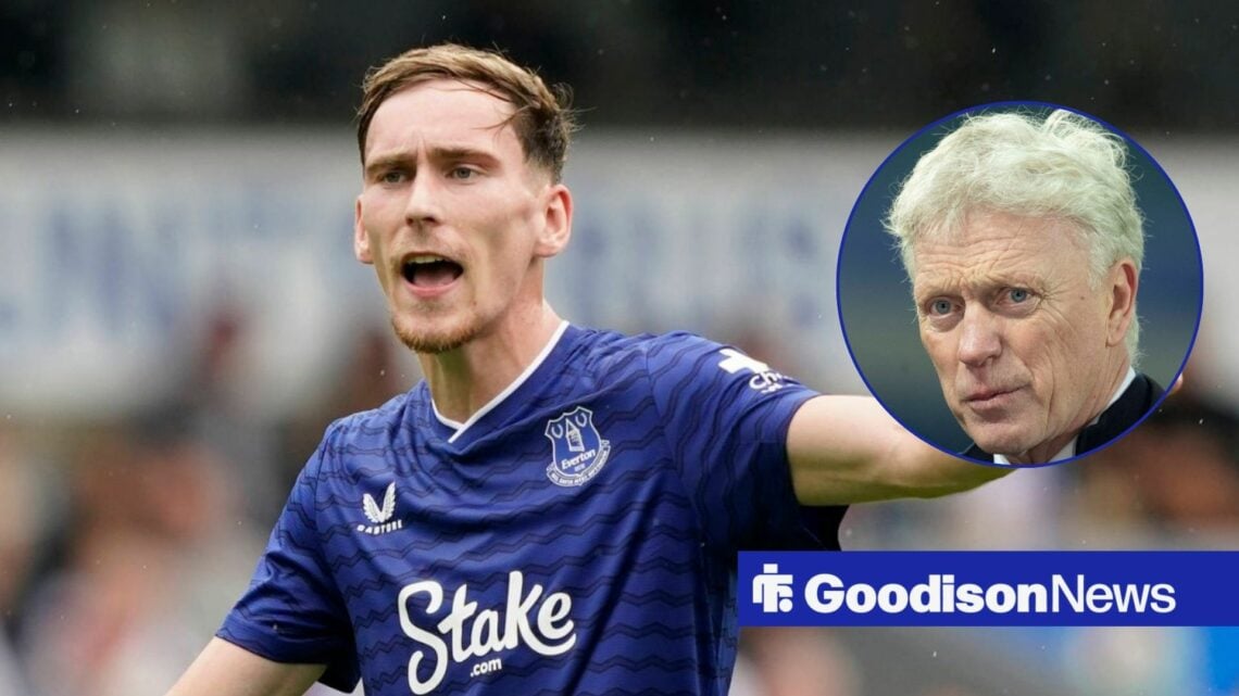 Everton midfielder James Garner shouting with David Moyes inset