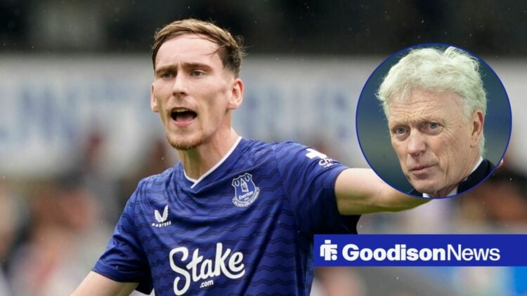 Everton midfielder James Garner shouting with David Moyes inset
