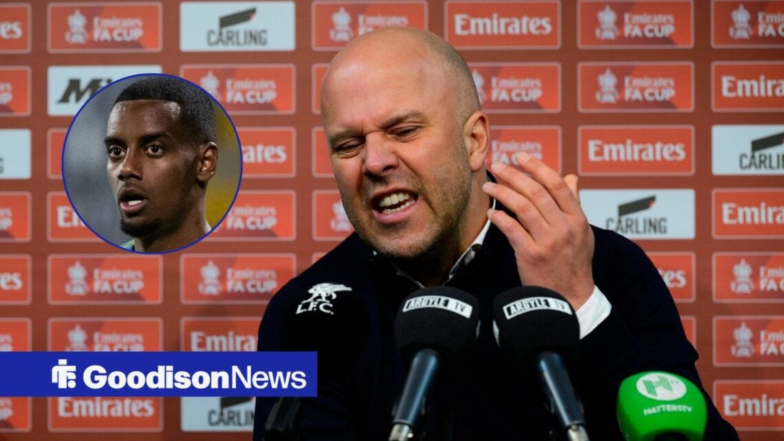 Liverpool manager Arne Slot looking angry with Alexander Isak inset