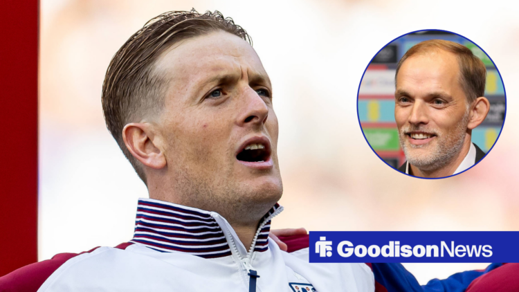 Everton goalkeeper Jordan Pickford singing the national anthem with England manager Thomas Tuchel inset
