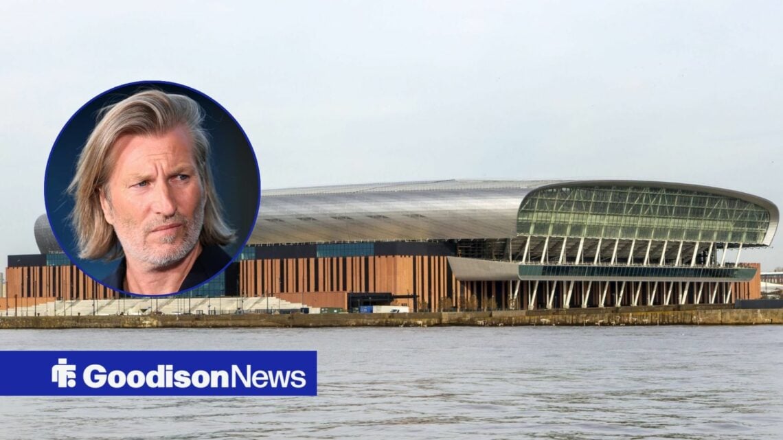 Everton's Hill Dickinson Stadium with Robbie Savage inset