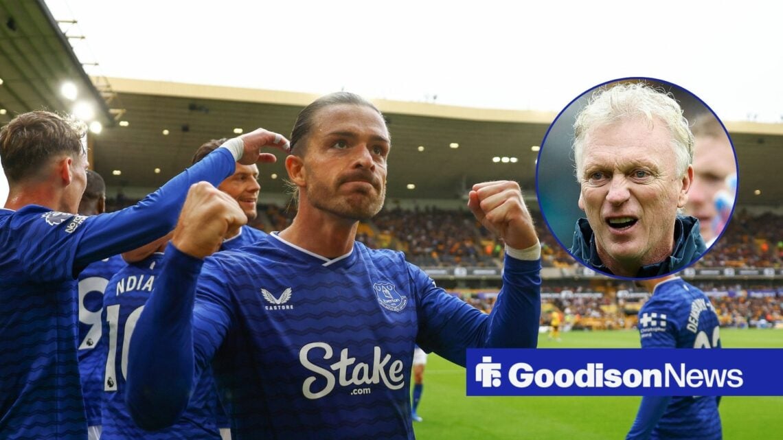 Everton winger Jack Grealish celebrates with David Moyes inset
