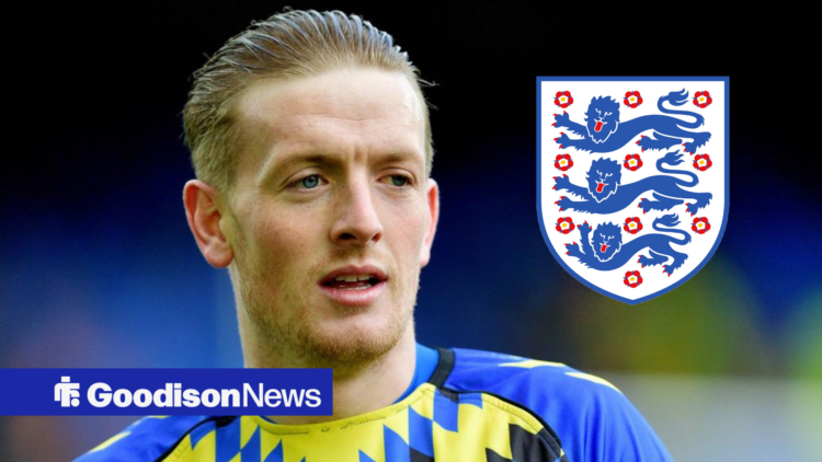 Everton goalkeeper Jordan Pickford with England badge inset