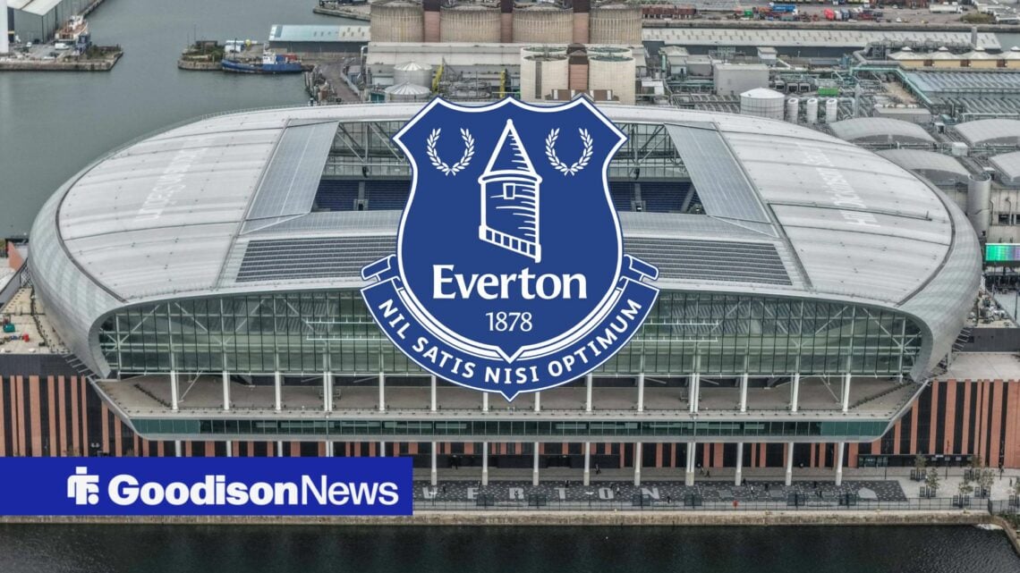 Overview of the Hill Dickinson Stadium with Everton badge inset