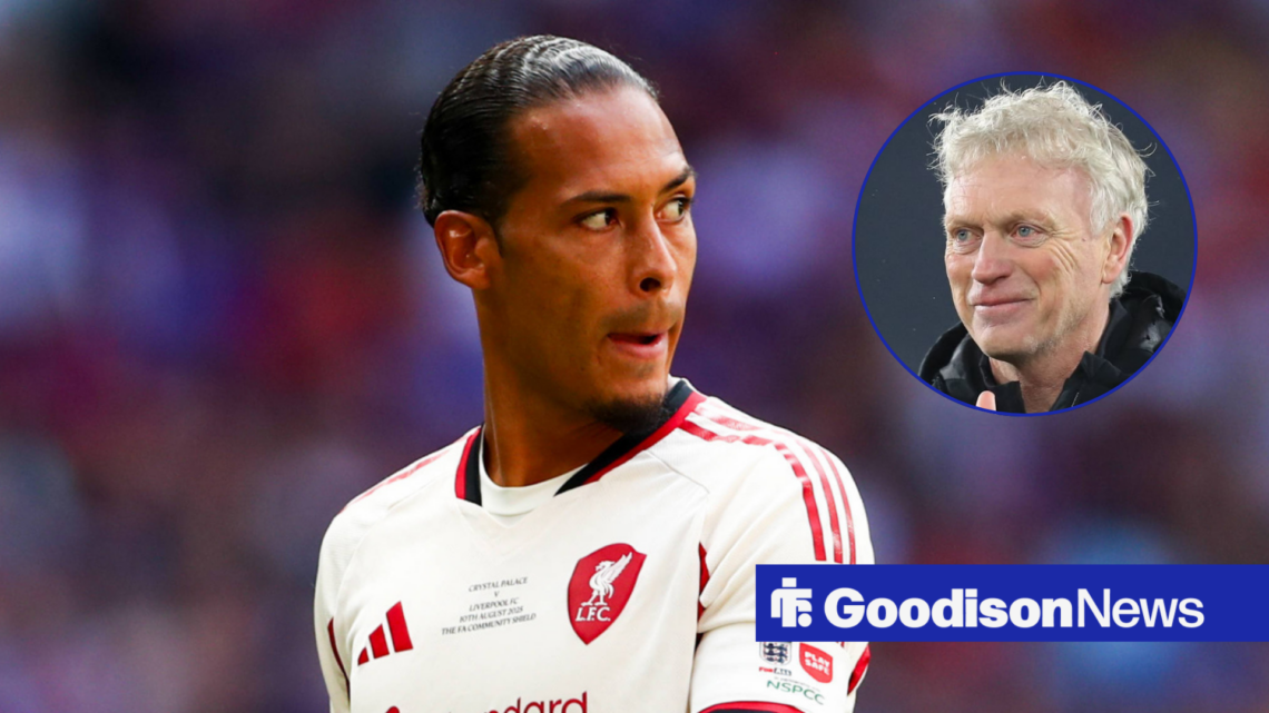 Liverpool defender Virgil van Dijk with Everton manager David Moyes smiling inset