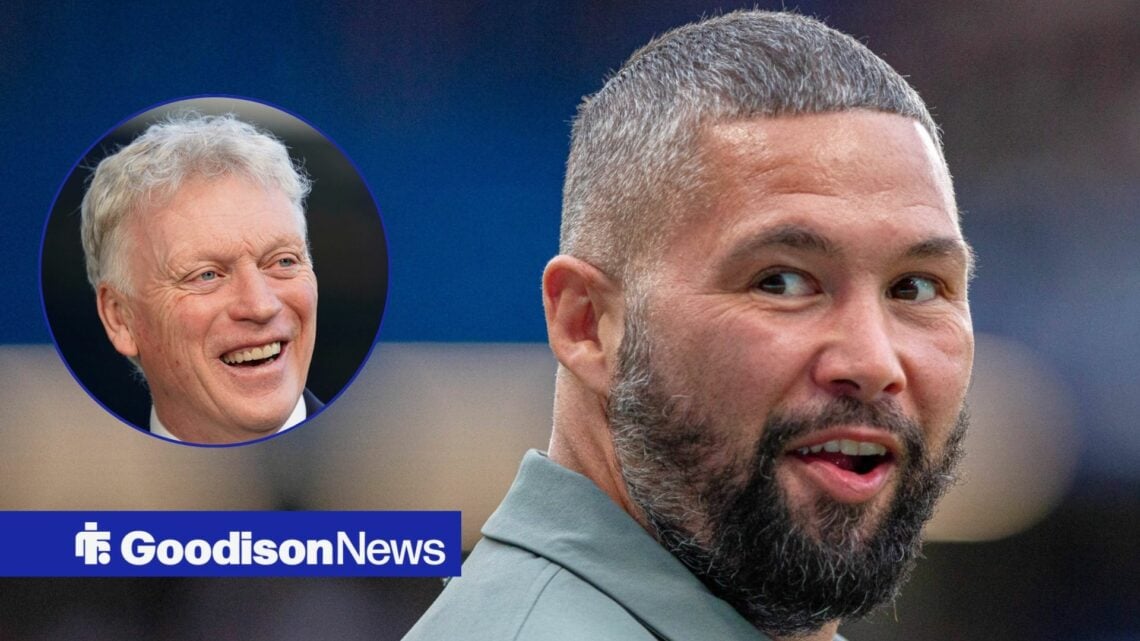 Everton fan Tony Bellew smiling with David Moyes inset