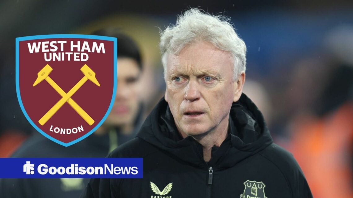 Everton manager David Moyes looking angry with West Ham badge inset