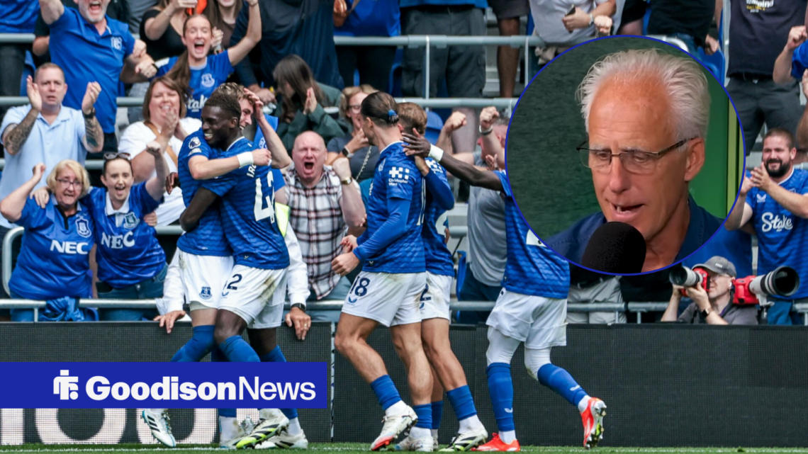 Everton players celebrate with Mick McCarthy inset