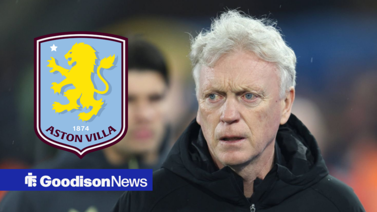 Everton manager David Moyes looking concerned with Villa badge inset