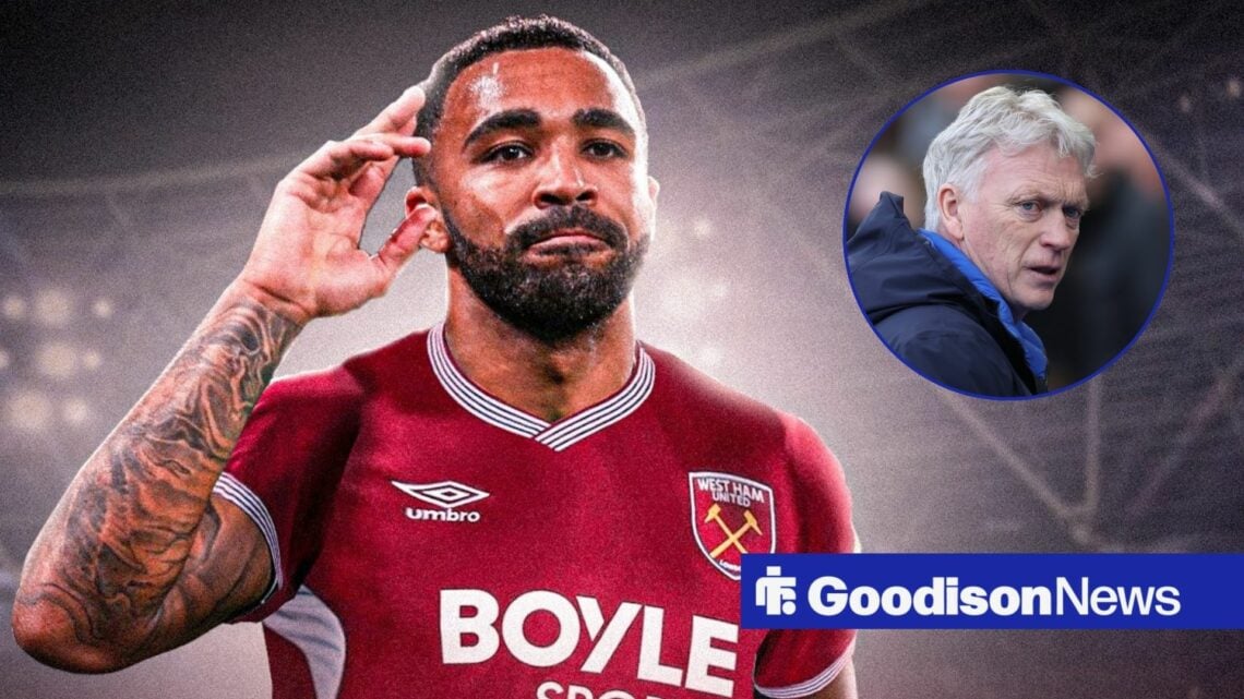 Callum Wilson in West Ham home kit with David Moyes in circular inset