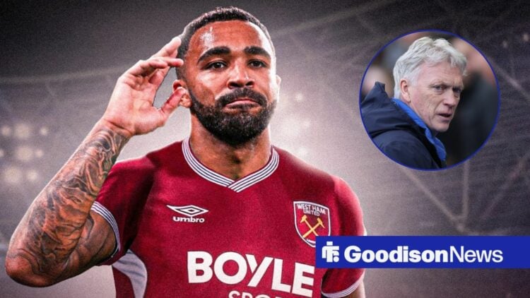 Callum Wilson in West Ham home kit with David Moyes in circular inset