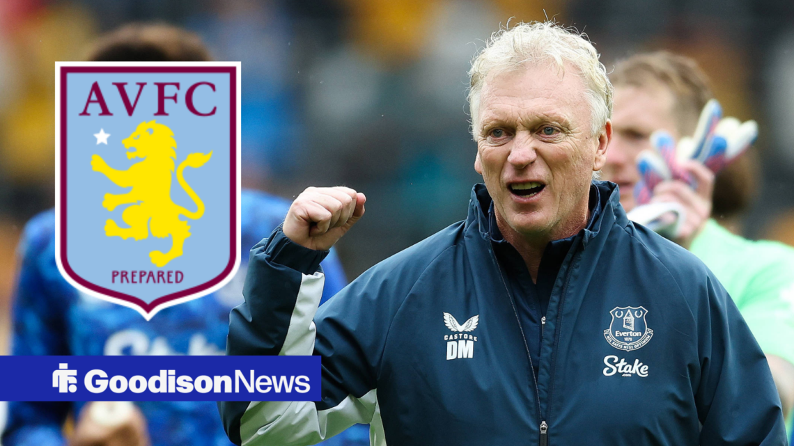 Everton manager David Moyes celebrates with Aston Villa badge inset