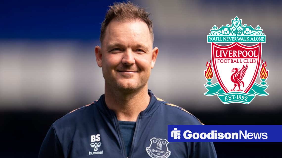 Everton Women manager Brian Sorensen smiling with Liverpool badge inset
