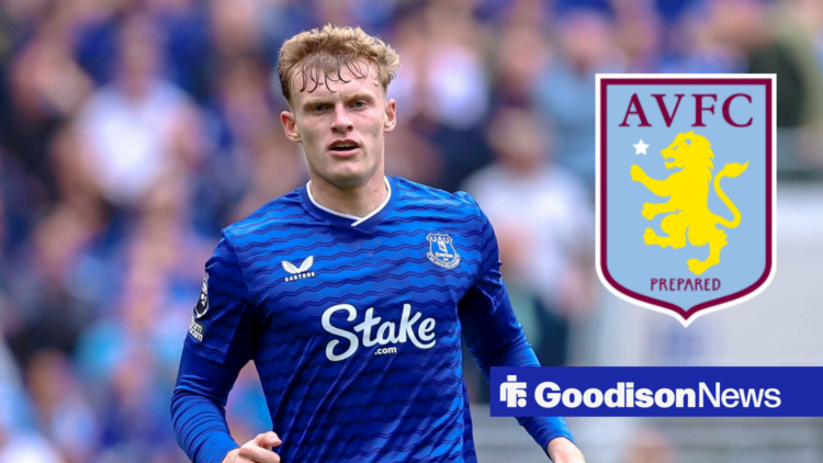 Everton defender Jarrad Branthwaite with Aston Villa badge inset