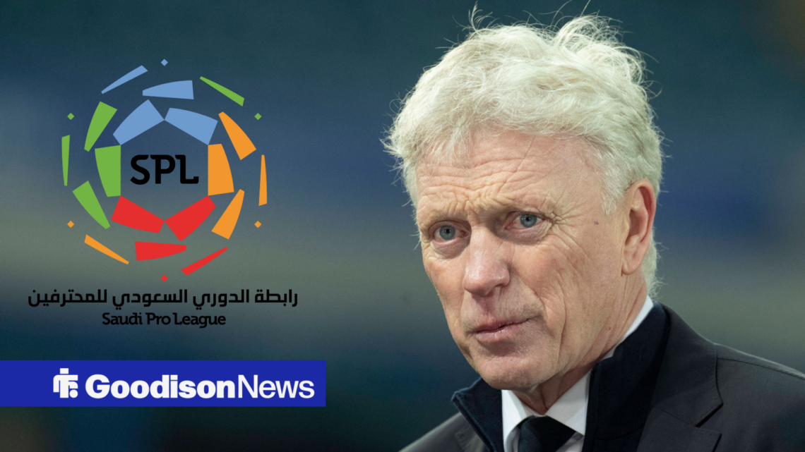 Everton manager David Moyes looks concerned with Saudi Pro League logo inset