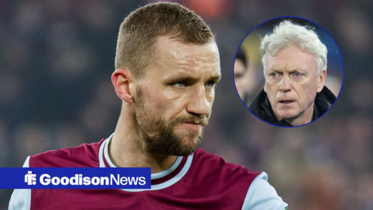 West Ham midfielder Tomas Soucek glaring with Everton manager David Moyes inset