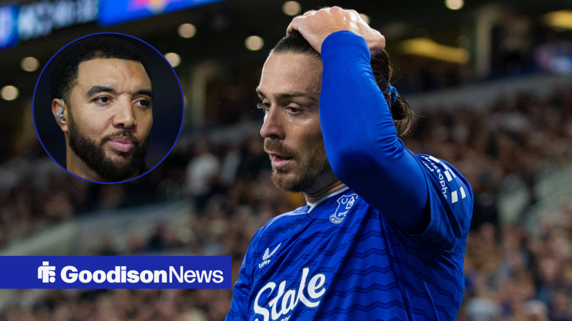 Jack Grealish with hand on head as Troy Deeney looks in circle