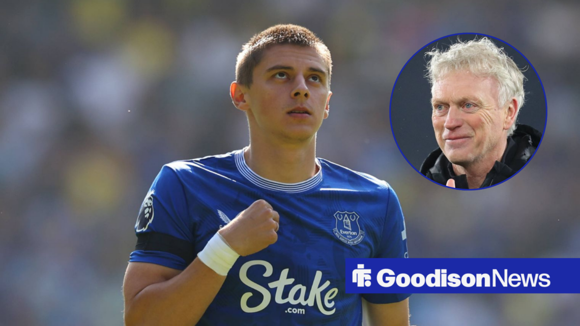 Everton defender Vitalii Mykolenko with David Moyes smiling inset
