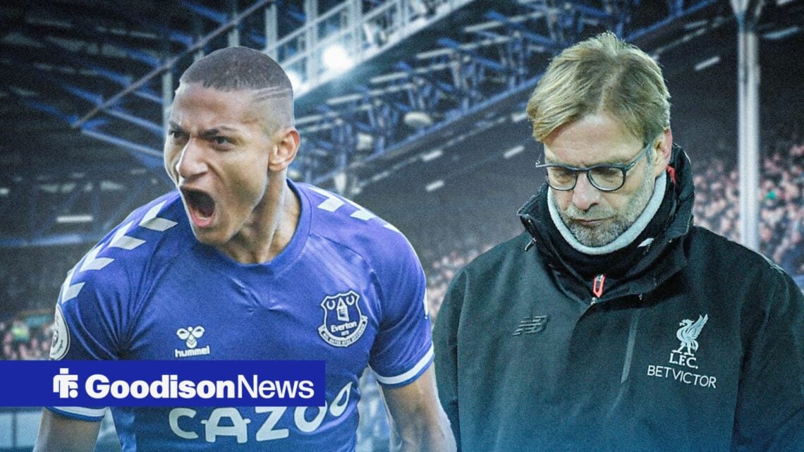 Richarlison celebrating on left with Jurgen Klopp looking sad on right