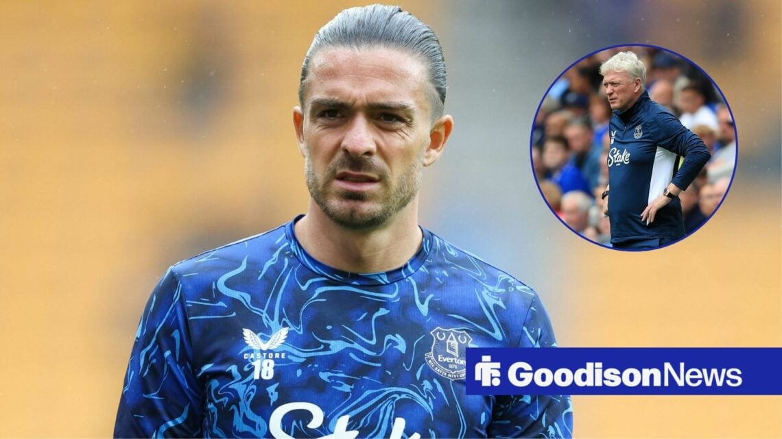 Jack Grealish looks concerned as David Moyes looks on angrily in a circle inset