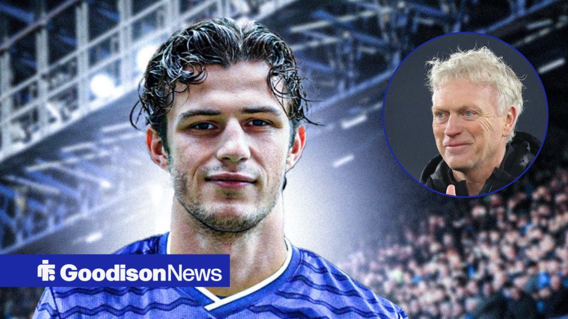 Freiburg midfielder Merlin Rohl edited in an Everton shirt, with Everton manager David Moyes smiling insert
