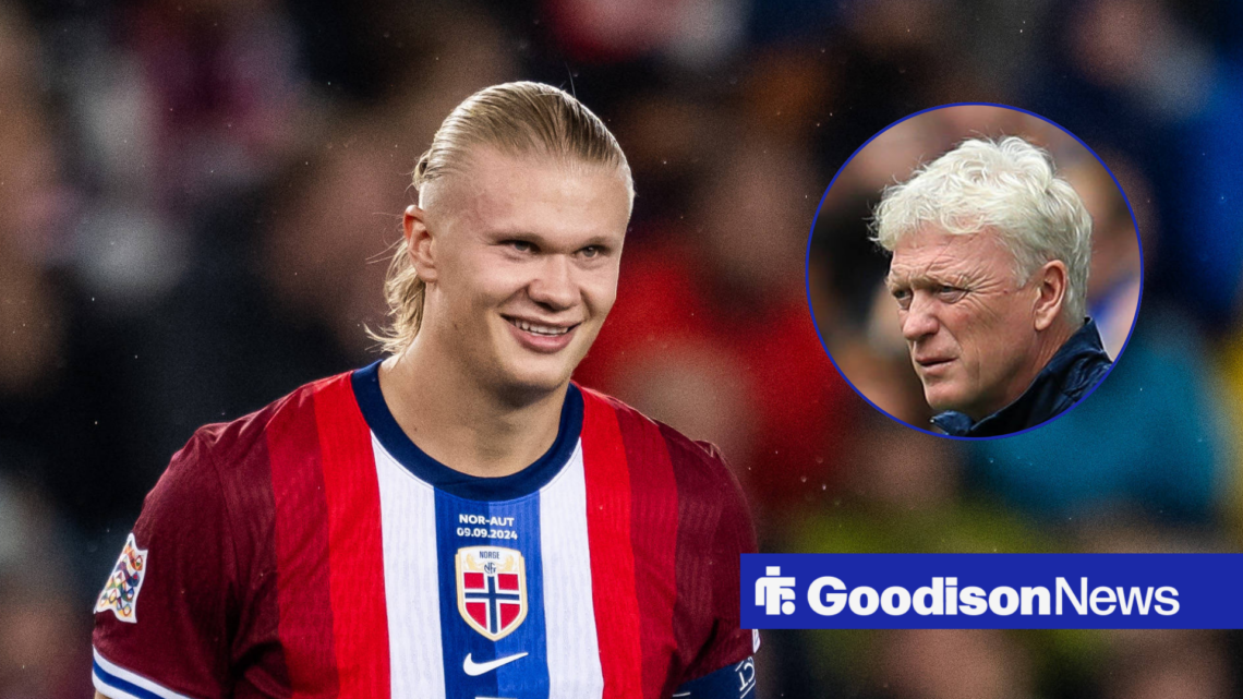 Manchester City striker Erling Haaland smiles with Everton manager David Moyes inset