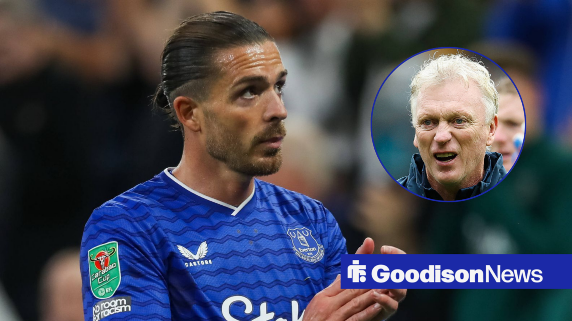 Everton winger Jack Grealish claps with David Moyes inset