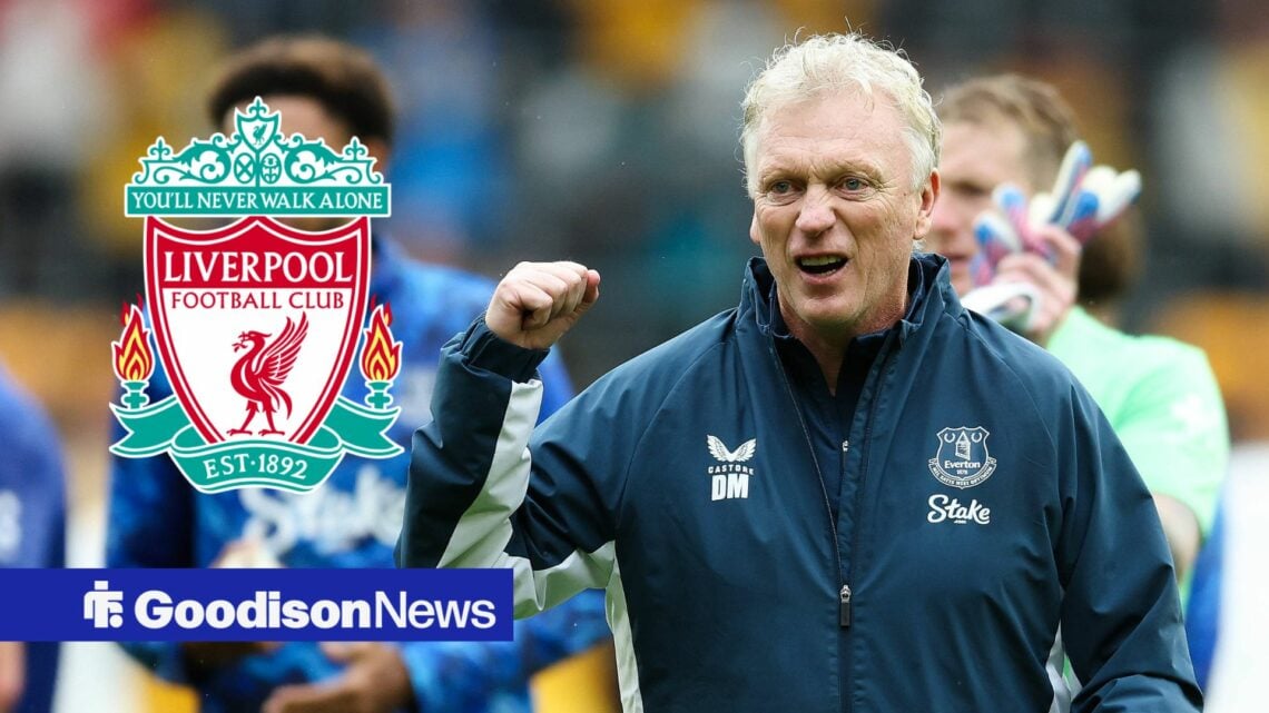 Everton manager David Moyes celebrates with Liverpool inset