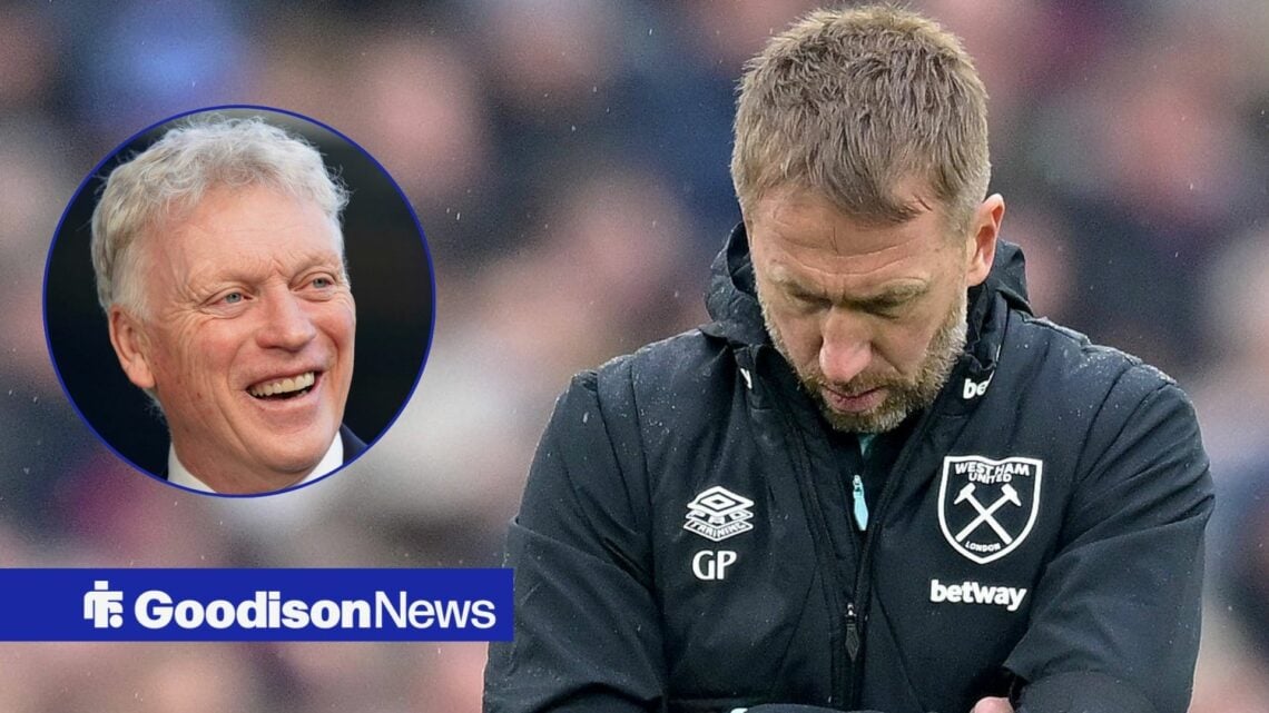 West Ham manager Graham Potter looking dejected with Everton manager David Moyes laughing inset
