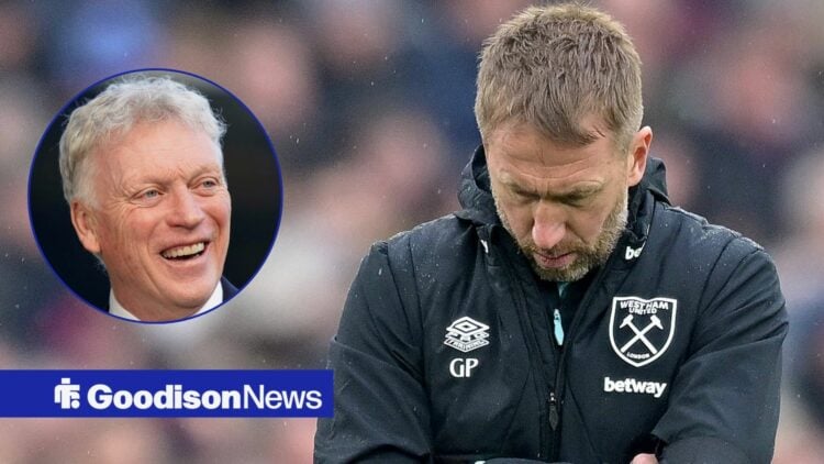 West Ham manager Graham Potter looking dejected with Everton manager David Moyes laughing inset